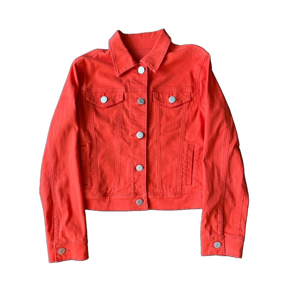 Old Navy Girls Denim Jean Jacket Size M Red Orange Snap Button Trucker Kids
